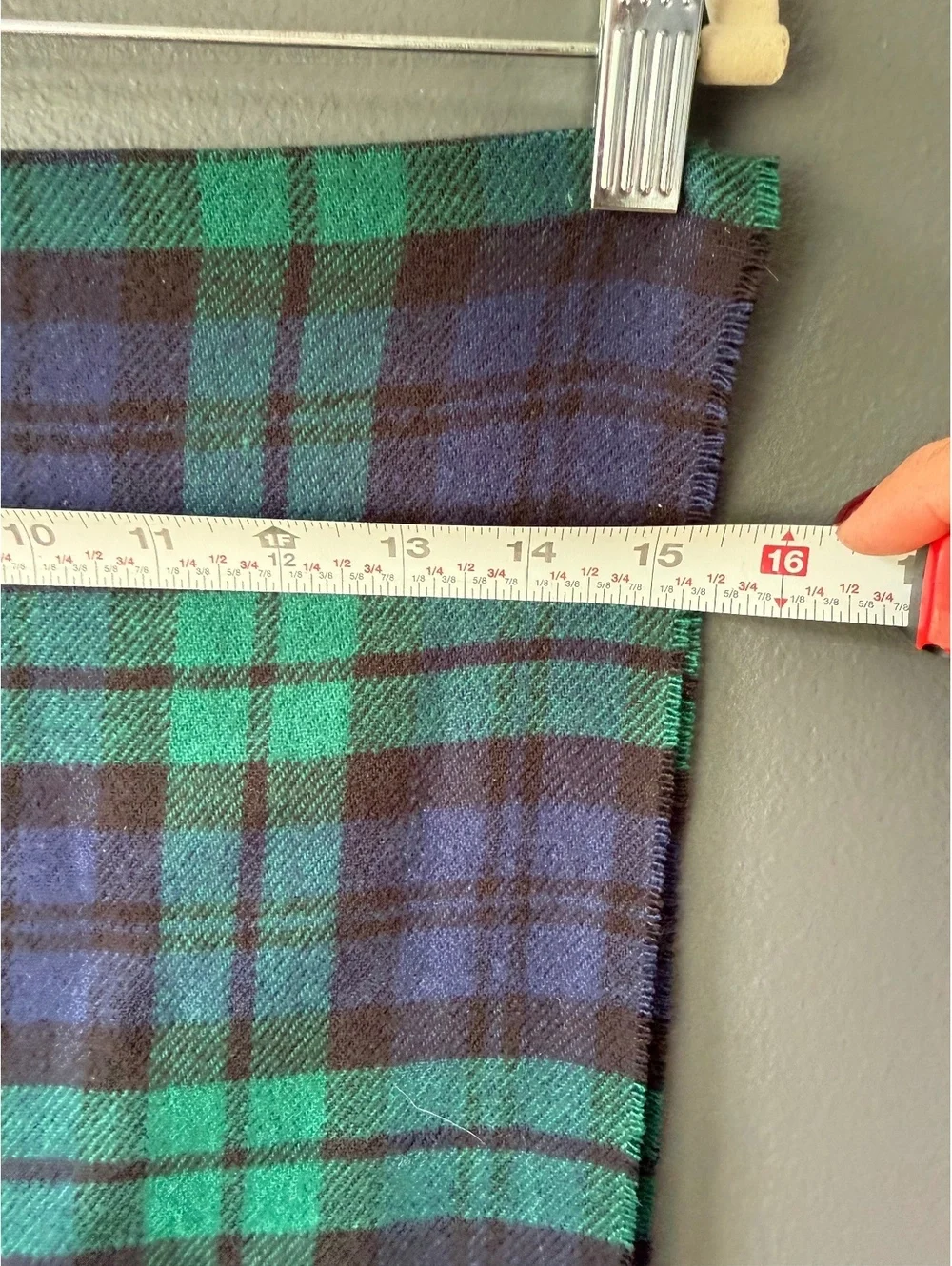 Lands' End Blue and Green Plaid Wool Scarf with Fringe